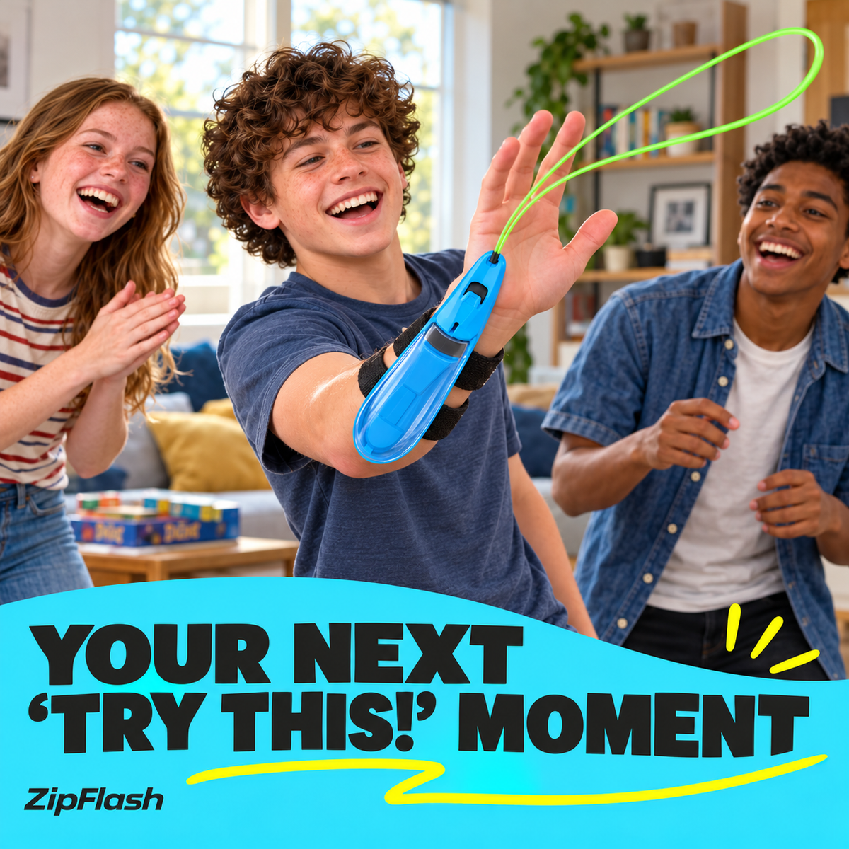 ZipFlash Blue toy, American kids and teens friends play scene