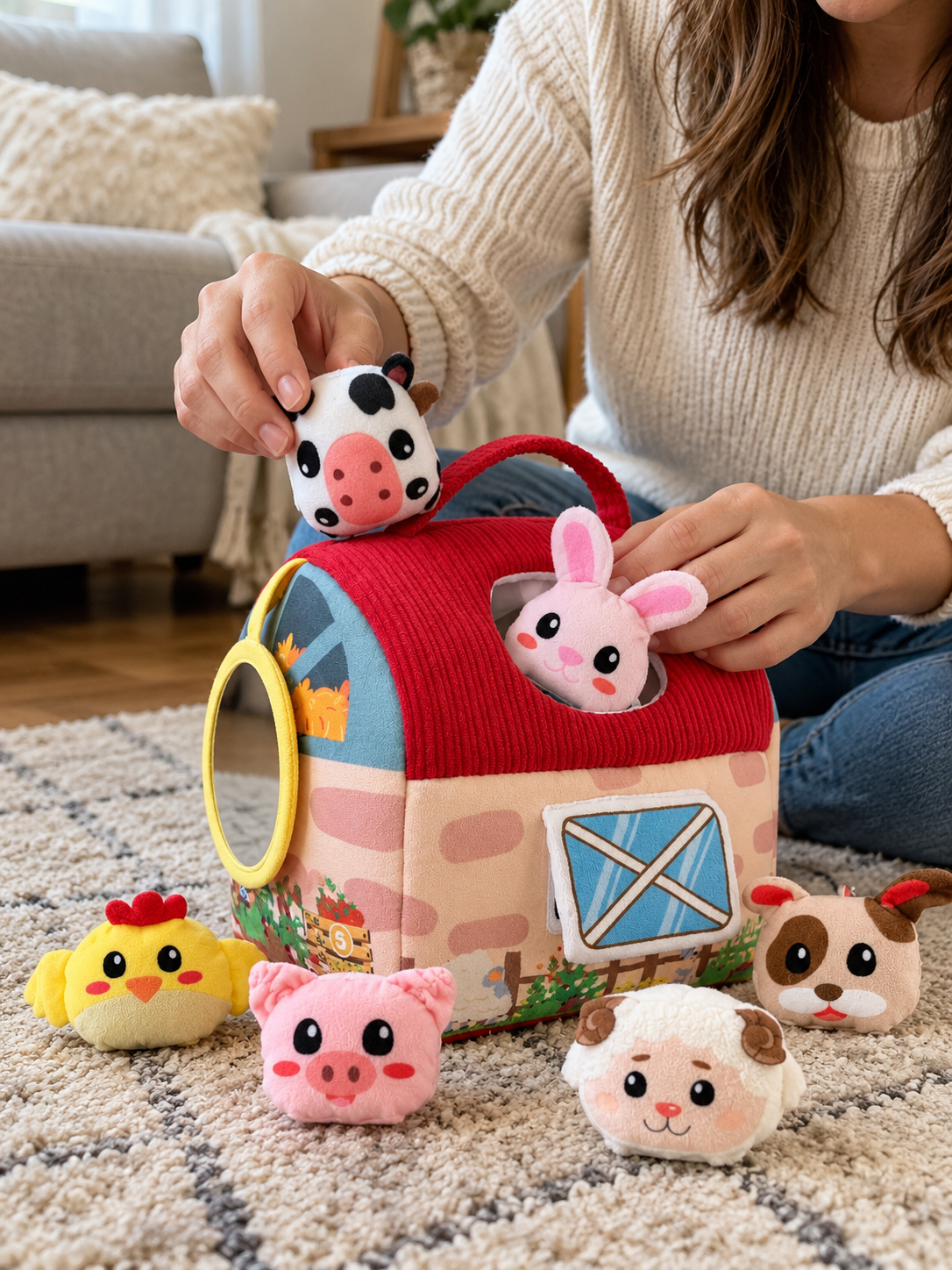 FarmFun™ Plush Sensory Barn Set in an everyday home setting